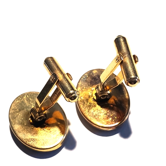 14K GOLD Small Black Oval Cufflinks Mens - Picture 4 of 5